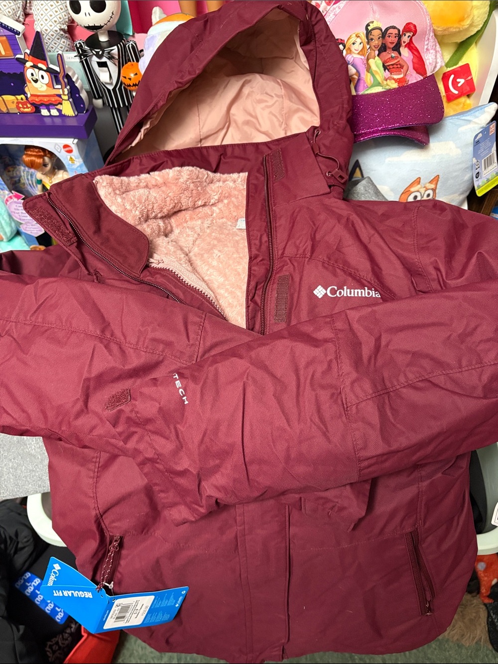 Columbia Maroon Hooded Puffer Jacket with Pink Sherpa Lining
